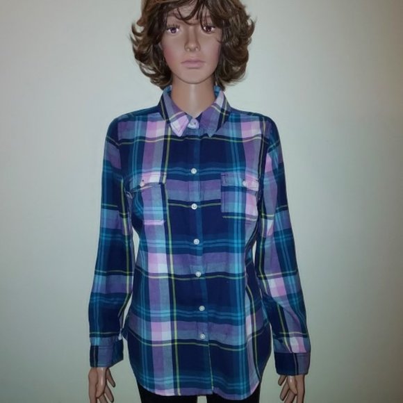 Old Navy Multi Plaid Long Sleeve Front Pockets Button Down Shirt Size M NWOT - Picture 1 of 4